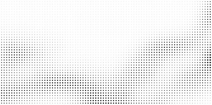 Abstract Black Halftone Dot Pattern. Wavy Gradient Fading from Dense Bottom Right to Light Top Left. Retro Texture Isolated on White Background