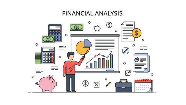 Professional financial analysis concept featuring a man presenting various charts and graphs on a whiteboard surrounded by relevant economic icons.