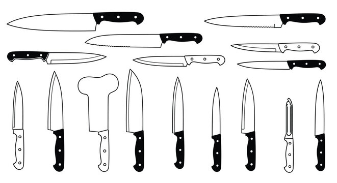 Comprehensive collection of various kitchen knives including chef, paring, bread, and cleaver styles in black and white.