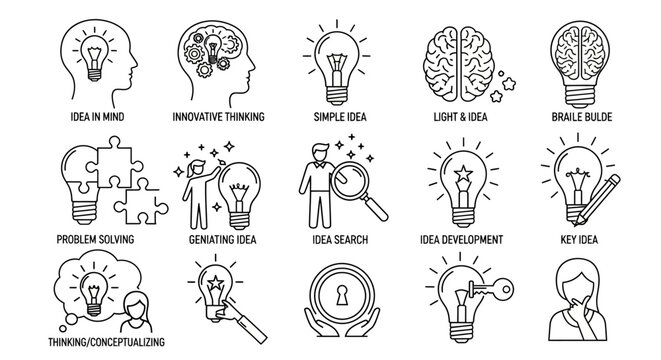 A comprehensive collection of outline icons illustrating diverse aspects of idea generation, creative thinking, problem-solving, and business innovation concepts