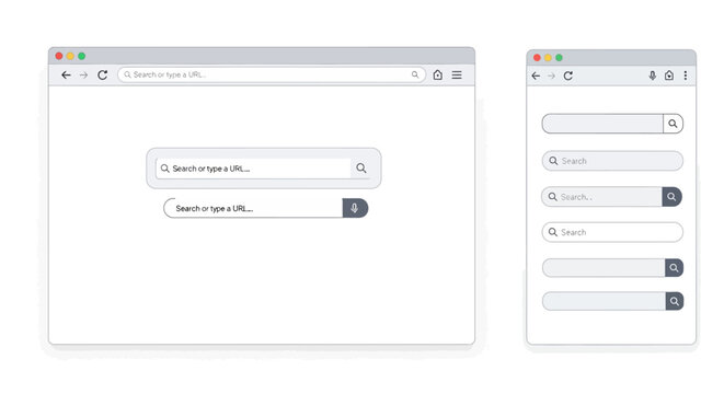 User interface mockups of a web browser window displaying a search bar and address bar with dropdown suggestions