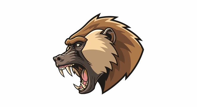 Stylized cartoon illustration of a snarling primate with sharp fangs bared