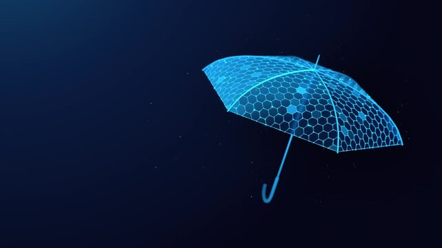 Open Umbrella Spinning on a Blue Background with Copy Space. Symbol of protection, safety and security. Looped animation representing insurance, financial protection and risk management concepts.