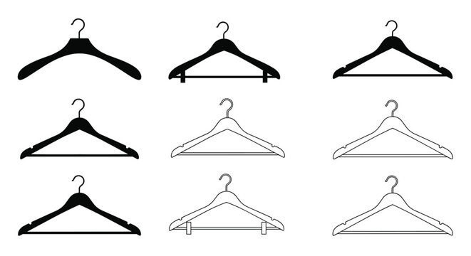 Collection of nine clothes hanger icons in various styles including solid black and outline versions on white.