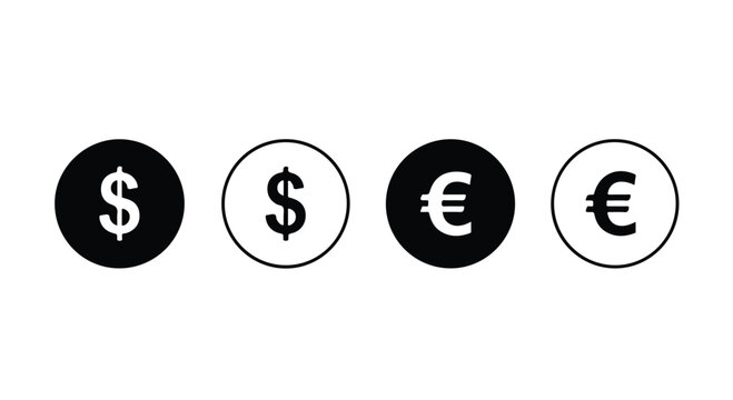 Simple visual representation of different currency symbols including dollar euro and cent signs in black and white icons