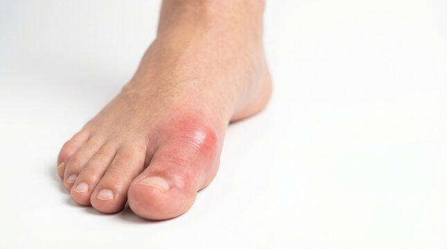 Gout attack on big toe with red swollen foot pain and inflammation