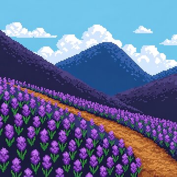 Pixel Art Lavender Field Landscape with Mountains and Cloudy Sky.