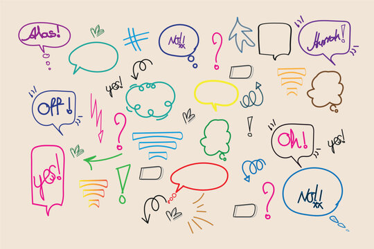 Colorful hand drawn speech bubbles and scribbles on a beige background