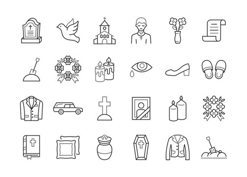 Funeral agency line icon collection. Hearse, coffin, dove, church, gravestone, wreath, suit, bible, priest vector color cymbol.