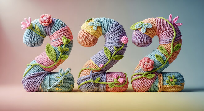 Charming knitted numbers 222 with pastel flowers and vines, artfully arranged on a soft gradient background.