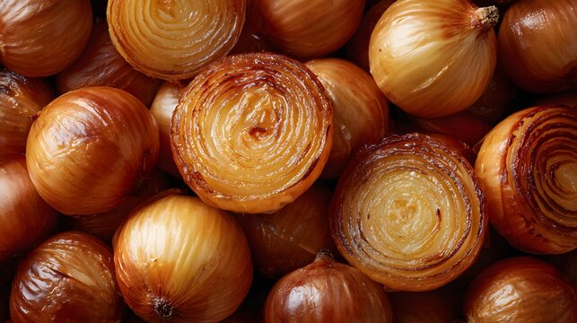 Close-up of Golden Roasted Whole and Halved Onions Top View Full Frame
