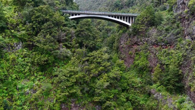 Aerial View of the Barranco de la Galga Bridge; Laurisilva Rainforest Infrastructure in La Palma Canary Islands Spain; Atlantic Island Transport Geography and Scenic Civil Engineering