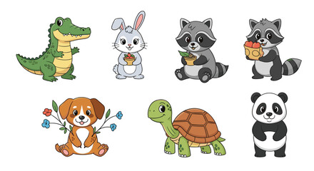 Obraz premium Collection of adorable cartoon animals including a crocodile bunny raccoons puppy turtle and panda sitting happily and smiling together.