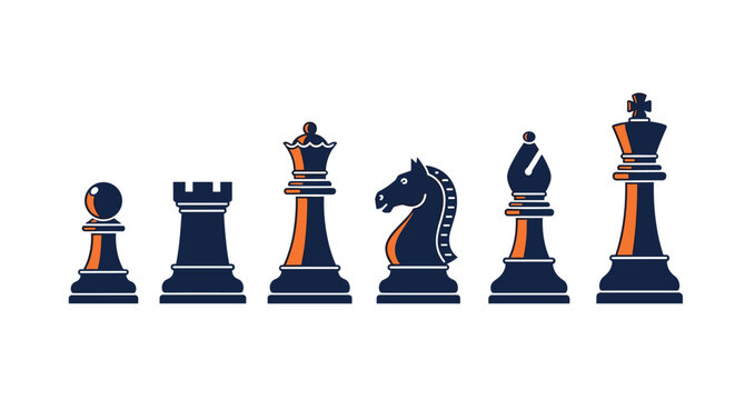 Set of professional chess pieces including pawn rook knight bishop queen and king in a modern dark blue and orange flat vector style.