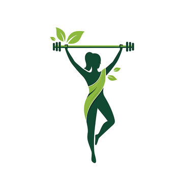 Woman silhouette lifting barbell with green leaf elements