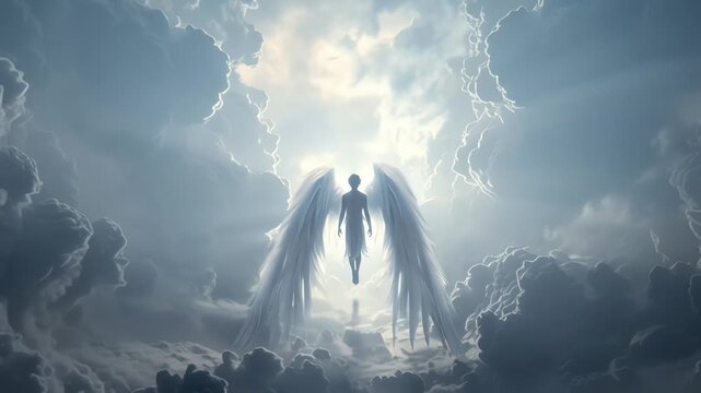 Winged celestial figure ascending through radiant storm clouds.