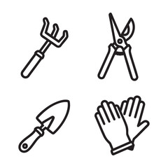 Fototapeta premium Garden Tool Bold Line Art icon set with Rake Shears Trowel Gloves
