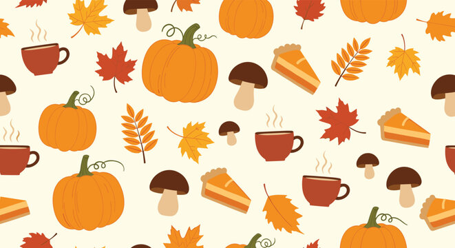 Seamless autumn season pattern featuring orange pumpkins fallen leaves slices of pie and cups of steaming hot coffee on a cream base.