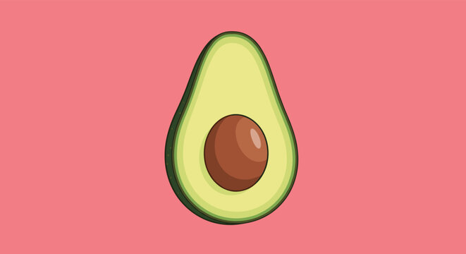 Detailed cross section of a ripe green avocado showing the large smooth brown seed in the center against a solid bright pink background.