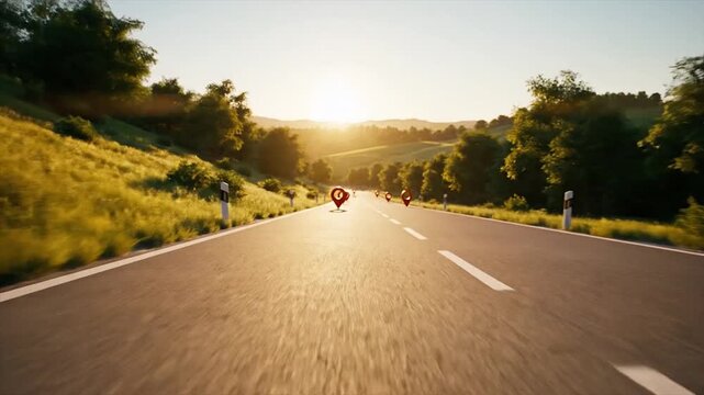 red map pin on a scenic road with sunset background