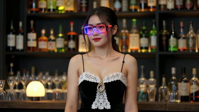 Women wearing light-up glasses in the bar, hot bar girls pose dynamically