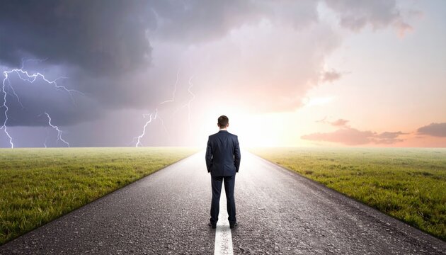 A person standing at a crossroads with one path dark and stormy and the other bright and open under golden hour light, metaphor for life choices and courage