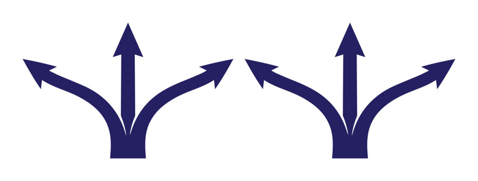 Decision arrows, multiple choice direction vector graphic. Split path navigation, branching options, and alternative routes. Concept of strategy, future, and opportunity.
