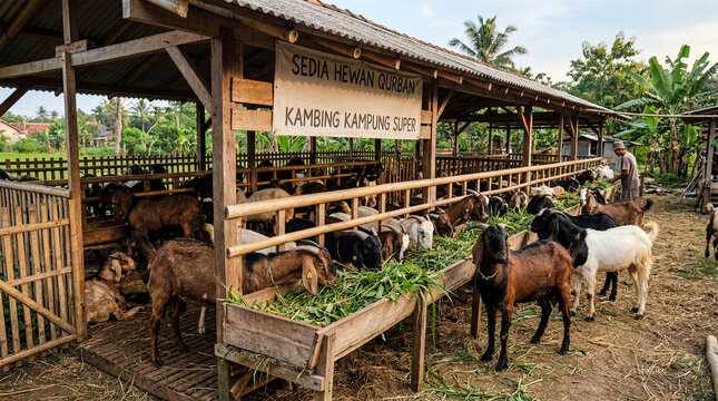 Goats Eating Green Fodder in a Traditional Indonesian Bamboo Farm for Qurban
Goats feeding on fresh green grass from a wooden trough in a traditional bamboo pen. Set in a rural Indonesian farm 