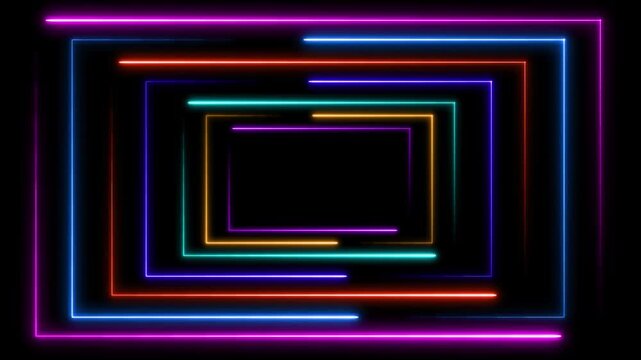 Neon Glowing Rectangle Frame Loop - Colorful RGB Light Tunnel Abstract Background Animation