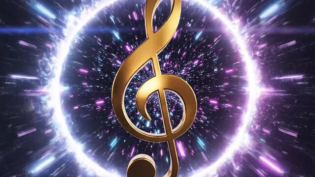 Golden music note in cosmic light for commercial backgrounds, digital design, and advertising