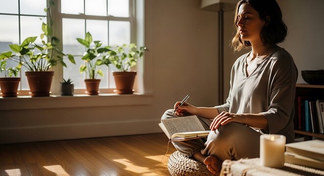 Woman writing journal indoor sunlight