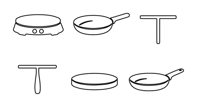 Crepe maker and frying pan vector icon set, essential kitchenware and cooking utensils, breakfast and dessert preparation tools, culinary equipment collection for food blogs and recipes.