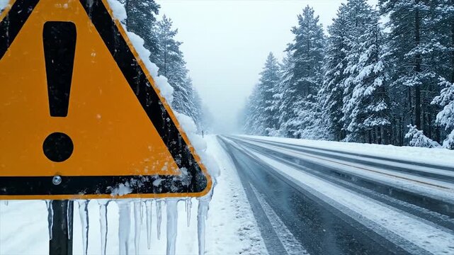 Yellow warning sign on snowy forest road during heavy snowfall and winter storm