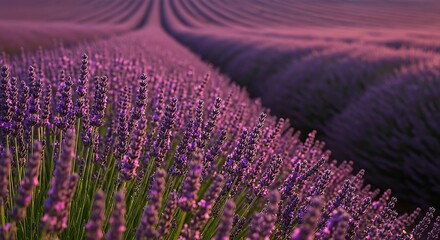Naklejka premium Vast lavender field in Provence France at sunset with rows of purple flowers stretching to the horizon under a soft twilight sky