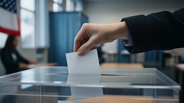 Person casting vote in transparent ballot box during election at polling station