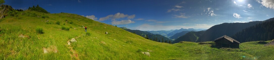 Fototapeta premium Beautiful mountain landscape panorama with green meadows and rustic hut under blue sky