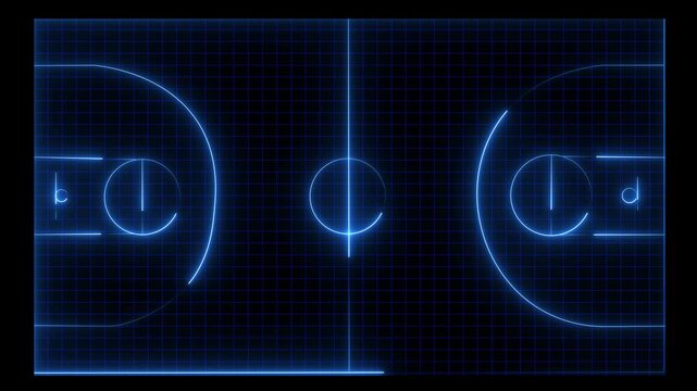 Glowing neon basketball court animation. Neon blue basketball court concept and grid line animated motion graphics 4k animation black background
