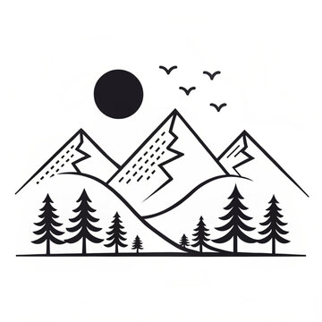 A serene mountain landscape with trees and birds under the sun