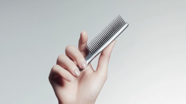 Hand holding a silver hair comb with fine and wide teeth against a smooth gradient background, showcasing the comb's sleek design and polished surface for hair styling and grooming purposes