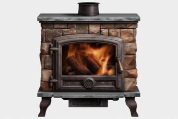 Naklejka premium Stone and cast iron wood stove burning logs, providing cozy heating