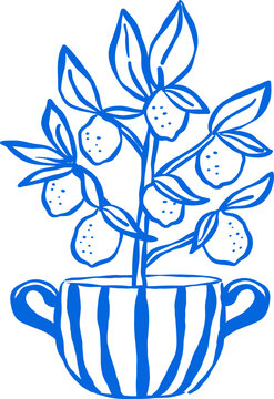 Outline Hand drawn Preppy Lemon Tree in a Stripes Blue Pot Whimsical illustration