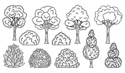 A set of black and white line art trees and bushes for illustration © Najma