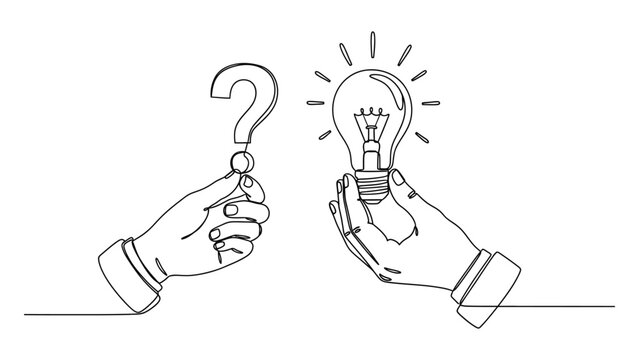 Hands holding question mark and light bulb. Continuous line style. Hand drawn. Line art. Vector design. illustration