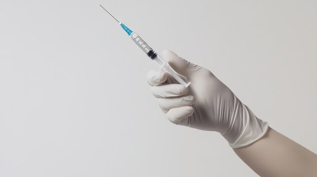 Virus. Virus protection. Epidemic prevention. Hand in medical glove holding a syringe with a needle, isolated on a clean white background for healthcare and vaccination concepts