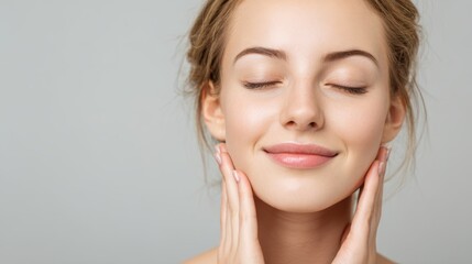 Naklejka premium Woman touching her face with eyes closed. Portrait of a happy lady with natural skin care and beauty. Concept of spa, wellness, health, freshness, morning routine and self care skincare.