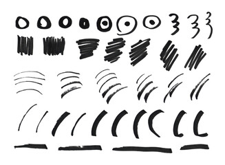 Fototapeta premium Hand-drawn sketch mark collection featuring circles, strokes, curves and brackets. Black brush stroke symbols for graphic design overlays and decorative elements 