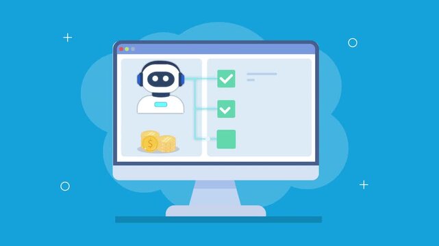 Flat vector animation of a finance dashboard with robot assistant, coins icon, checklist, and workflow elements, representing payment automation and financial management systems.