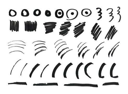 Hand-drawn sketch mark collection featuring circles, strokes, curves and brackets. Black brush stroke symbols for graphic design overlays and decorative elements
