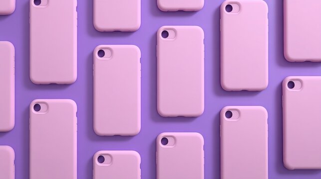 Multiple soft pink phone cases arranged neatly in a grid on a purple background, each with circular camera holes.
