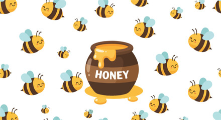 Fototapeta premium Illustration of a honey pot surrounded by cartoon bees on a white background with a playful and colorful design.